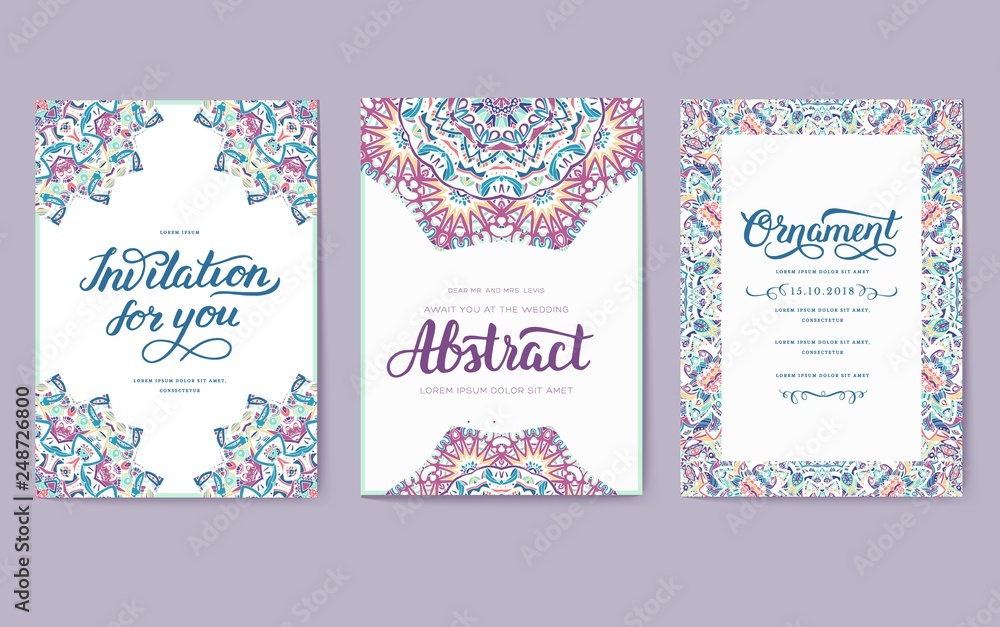 Universal flyer 3x4 with unique decoration. Invitation card for birthday, party or wedding. Traditional illustration design with typography for printing. Vertical festive postcard with invitation