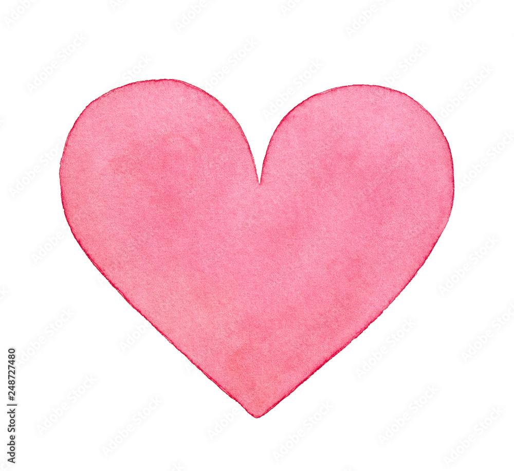 Pink watercolor heart illustration. One single object, light pastel colour, beautiful shape. Handdrawn water color painting on white backdrop, cutout clipart element for design, prints, scrapbooking.