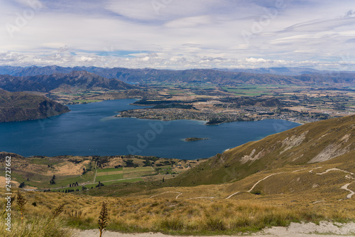 wanaka from above of the top of Roys peak  great view of Roys peak over wanaka  amazing landscape in New Zealand