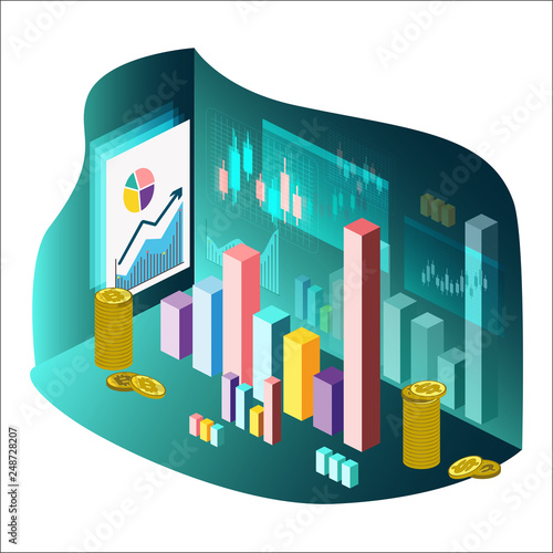 Isometric style growth chart, japanese candles. Checklist, bitcoin. Stock Vector Illustration. Transparence. White Isolated.