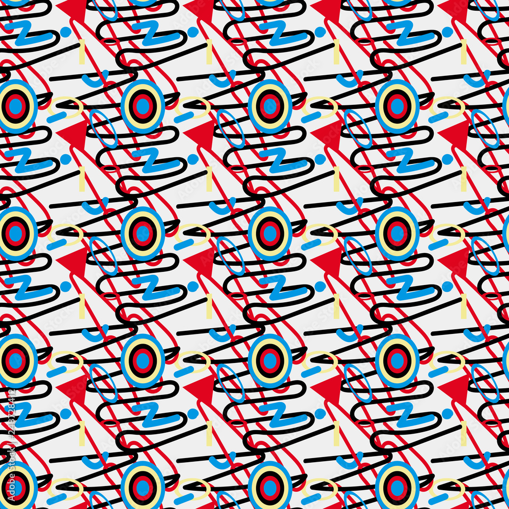 Vector Seamless Retro 80's Jumble Geometric Line Shapes Blue Red Color Hipster Pattern on white ct Background eps10