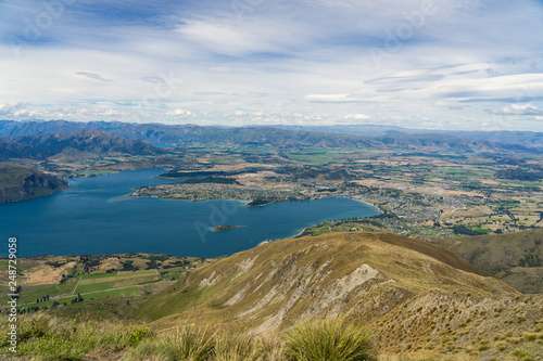 wanaka from above of the top of Roys peak, great view of Roys peak over wanaka, amazing landscape in New Zealand