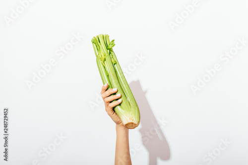 Female's hand with manicure holding bunch celery