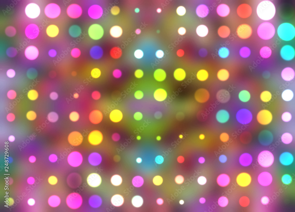 Abstract multicolored kaleidoscope glowing blurry confetti pattern. Comic background.