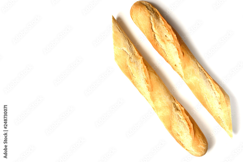 Fresh french roll baked crunchy baguette bread isolated on white background. Top view. Closeup of crust of bread food background. Natural lighting Fresh french roll baked crunchy baguette bread isolated on white background. Top view. Closeup of crust of bread food background. Natural lighting