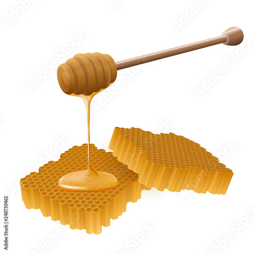 Perspective view of beautiful realistic wooden honey stick with honey flowing on a honeycomb.