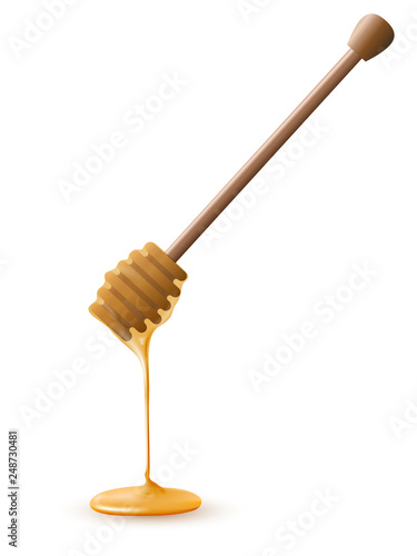 Front view of beautiful realistic wooden honey stick with flowing honey.