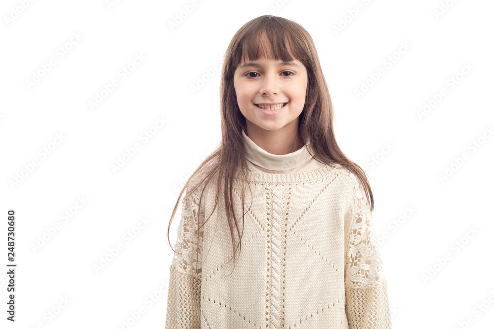 Portrait of a happy smiling little girl, isolated on white background.