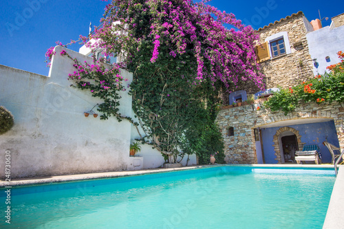beautiful pool in backyard of Mediterranean style house and garden full of flowers on sunny day
