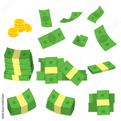 Set collection of green banknote money and golden coins