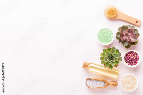 Spa background with handmade bio cosmetic and  cactus composition  flat lay  space for a text - Image.