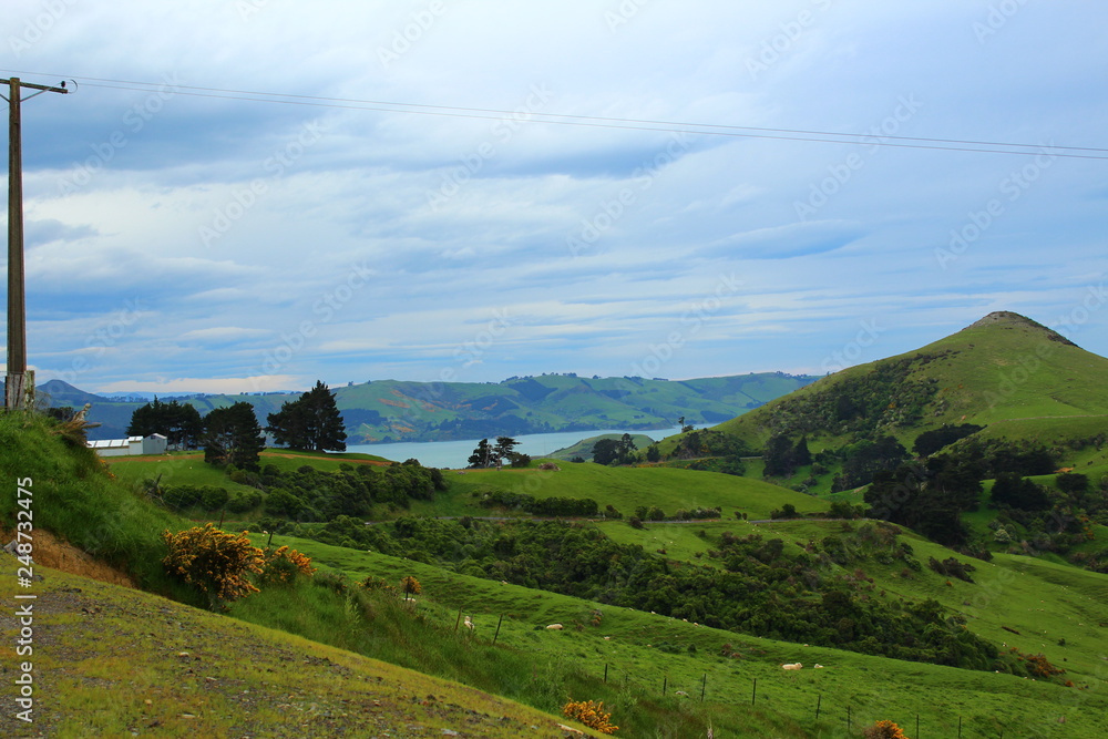 Otago Pensinsula fields landscape with cloudy sky, Dunedin, New Zealand, South Island