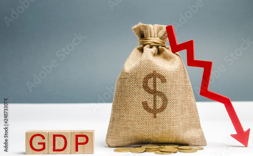 Money bag with the word GDP and down arrow. Decline and decrease of GDP - failure and breakdown of economy and finances leading to financial crisis and trouble. Drop in gross domestic product