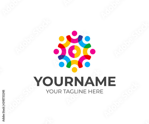 Social network team logo design. Сommunity of people in the shape of a gear vector design. Teamwork logotype