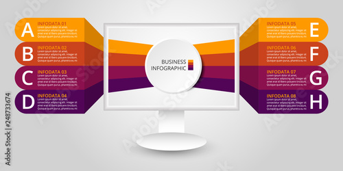 Vector infographic template with 3D paper label, integrated circles. Business concept with 8 options. For content, diagram, flowchart, steps, parts, timeline infographics, chart.