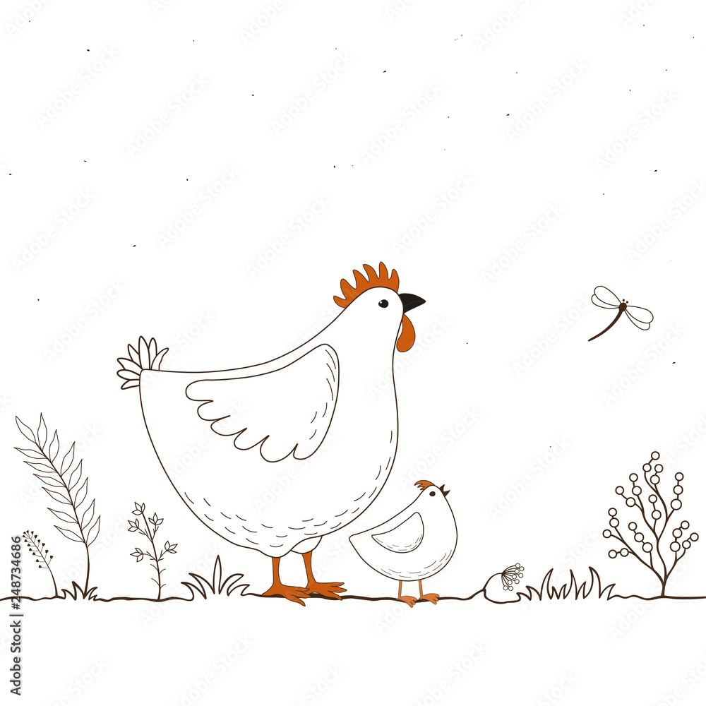 Card with two funny cartoon chickens and butterfly