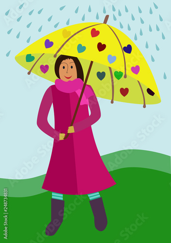 Illustration of smiling girl and umbrela in rainy day