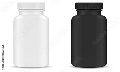 Plastic Pill Bottle Kit. Supplement Container. 3d Pharmaceutical Box for Capsule. Medical Jar Pack in Black and White Design. Prescription Tablet Product Package. Remedy Mockup.