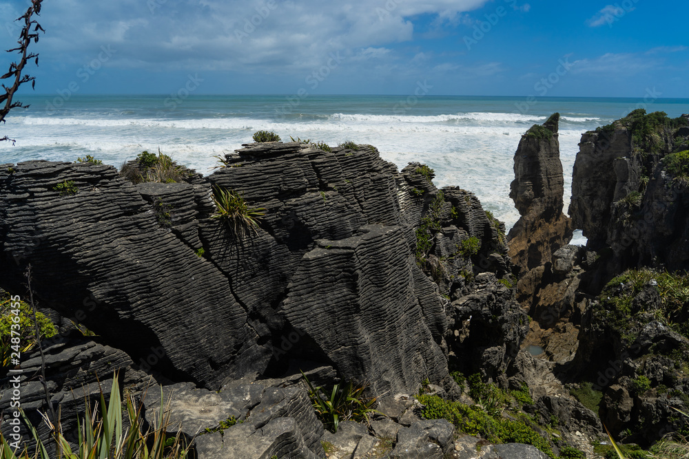 Punakaki Pancake Rocks in Paparoa National Park, West Coast, South Island, New Zealand, overview at the pancake rocks, near Fox Glacier