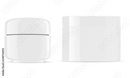 White Cosmetic Cream Jar. Shiny Container Mockup. Scrub, Balm or Body Butter 3d Packaging. Clear Luxury Design. Realistic 3d Plastic Tube with Lid. Bottle for Creme.