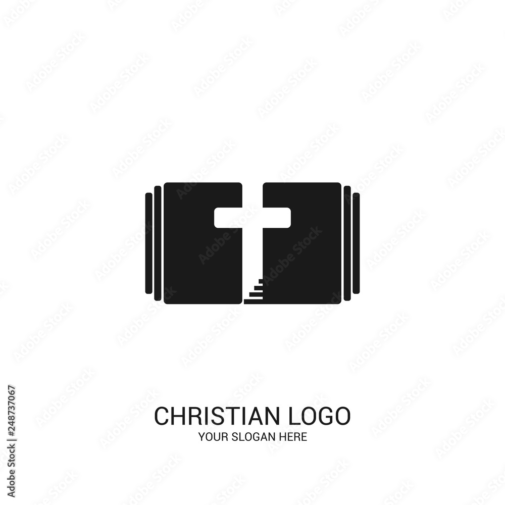 Obraz premium Christian church logo. Bible symbols. The Bible, the cross and the steps leading to God.