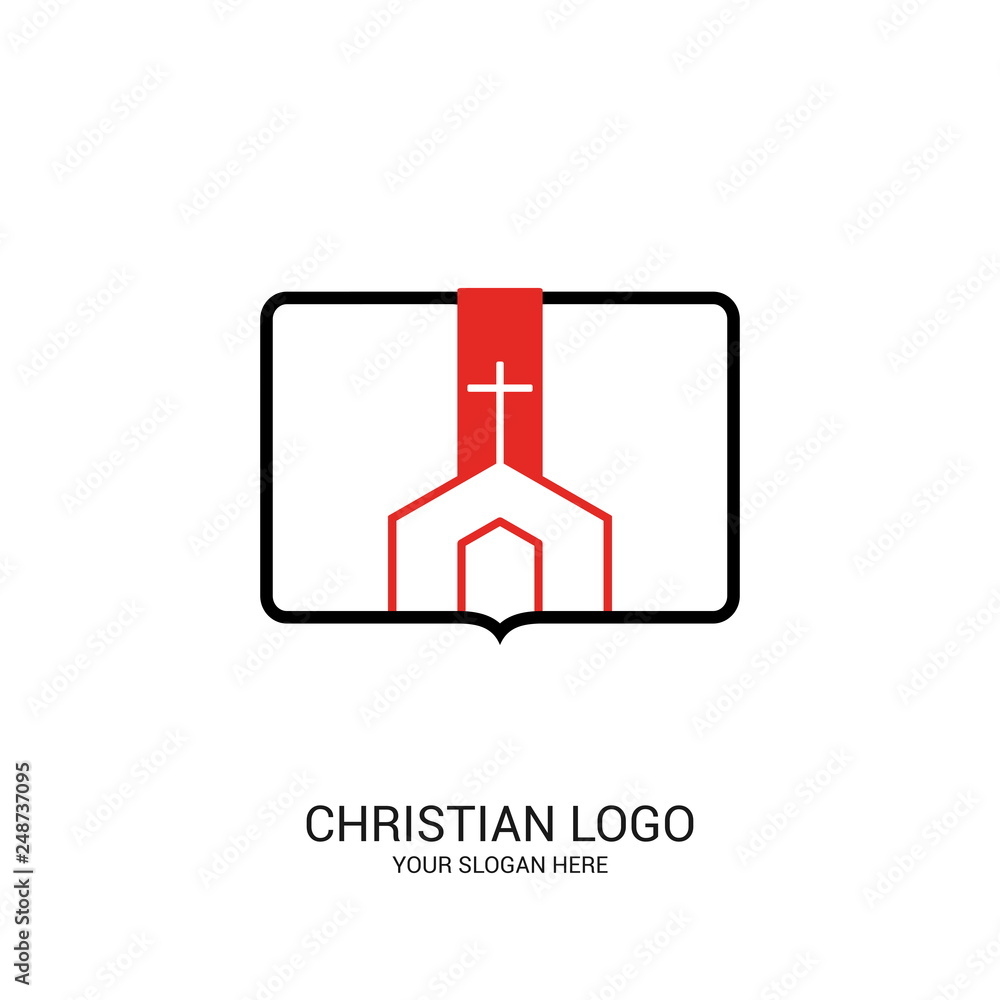 Christian church logo. Bible symbols. Christ Church on the background of an open bible. Christian church logo. Bible symbols. Christ Church on the background of an open bible.