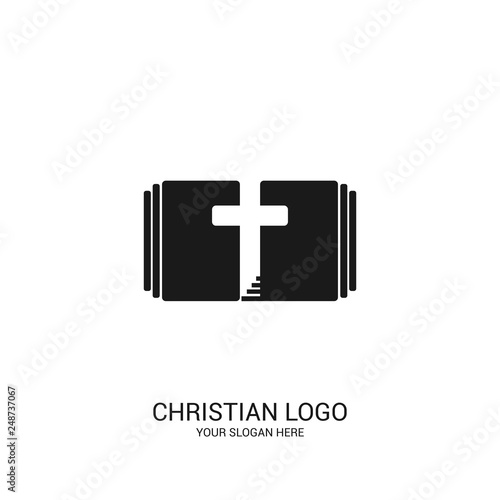 Christian church logo. Bible symbols. The Bible, the cross and the steps leading to God.