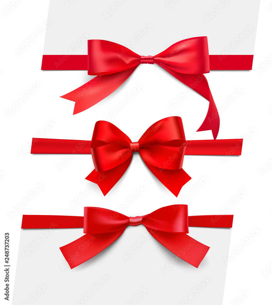 Set of realistic satin red bows. Vector illustration isolated on white background. Can be use for decoration gifts, greetings, holidays, etc. EPS10. Set of realistic satin red bows. Vector illustration isolated on white background. Can be use for decoration gifts, greetings, holidays, etc. EPS10.