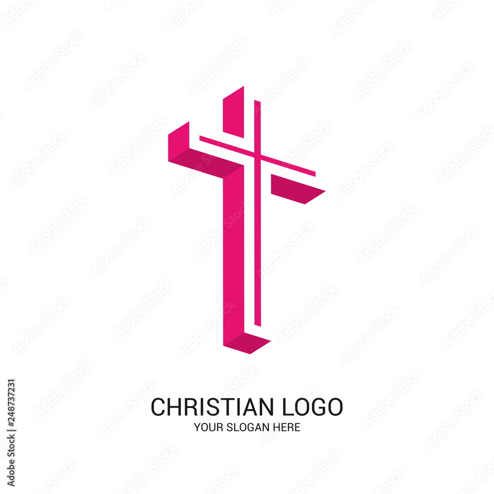 Christian church logo. Bible symbols. Cross of Jesus Christ, volumetric and turned in space Christian church logo. Bible symbols. Cross of Jesus Christ, volumetric and turned in space