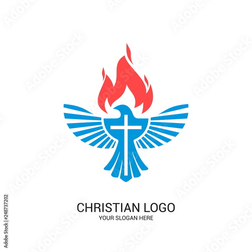 Christian church logo. Bible symbols. The dove and the flame are symbols of the Holy Spirit of God.