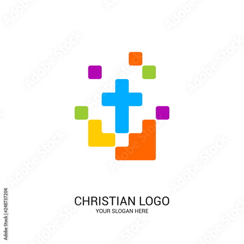 Christian church logo. Bible symbols. Cross of Jesus Christ and color elements.