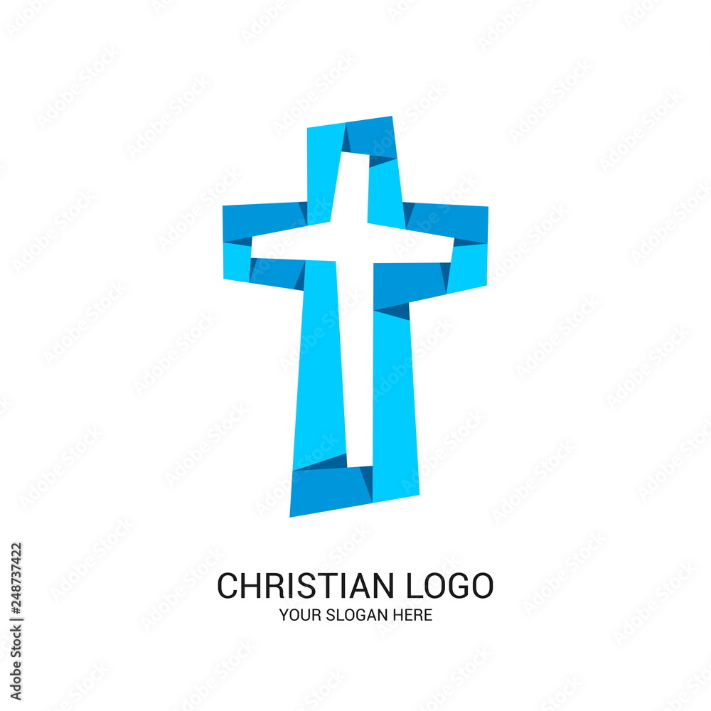 Fototapeta premium Christian church logo. Bible symbols. Cross of Jesus Christ from colored ribbons.