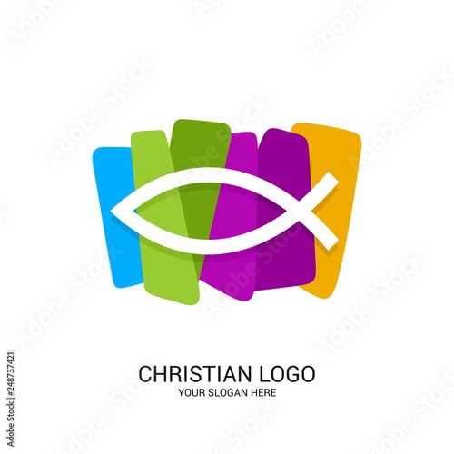 Christian church logo. Bible symbols. The fish is a symbol of Jesus Christ, in color blocks.