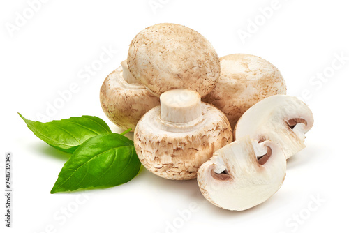 Champignons with basil, close-up, isolated on white background