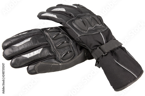 two black motorcycle gloves in white isolated background