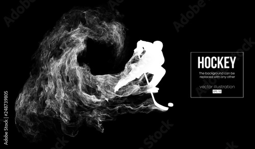 Abstract silhouette of a hockey player on dart, black background from particles, dust, smoke, steam. Hockey player hits the puck. Background can be changed to any other. Vector illustration