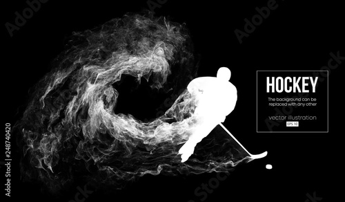 Abstract silhouette of a hockey player on dart, black background from particles, dust, smoke, steam. Hockey player hits the puck. Background can be changed to any other. Vector illustration