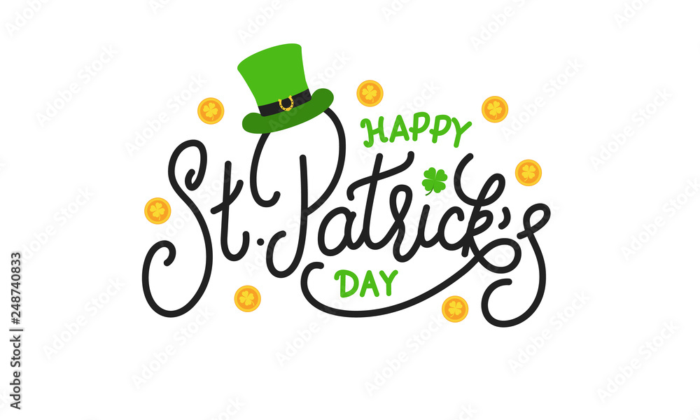 Naklejka premium Patricks Day. Happy St. Patrick's Day vector lettering label with leprechaun hat, clover leaf and gold coins.