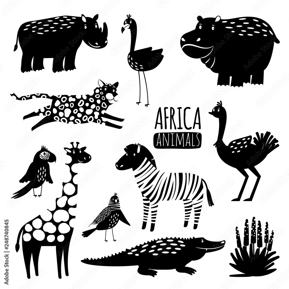 Black and white exotic animals vector collection. Animal silhouette  hippopotamus and crocodile, bird and cheetah illustration Stock Vector |  Adobe Stock