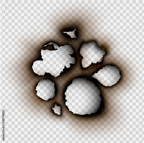 Hole torn in ripped paper with burnt and flame on transparent