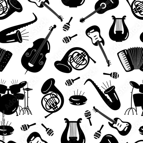 Black and white music instruments seamless pattern design. Guitar instrument for melody, jazz and rock music illustration