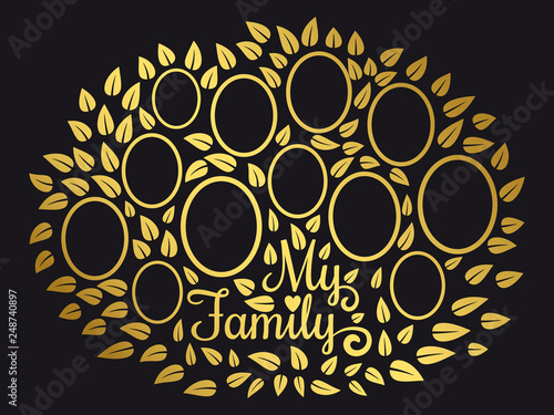 Golden vintage genealogy tree. Genealogical family tree vector illustration on black background. Genealogical tree connection generation