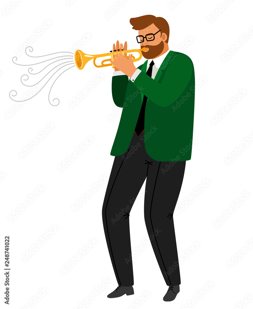 Obraz premium Man performance musical blues, jazz trumpeter practice enjoyment, enthusiastic hobby playing, vector illustration