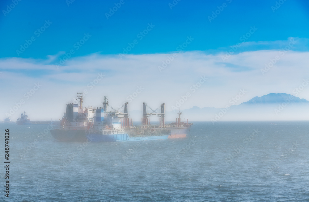 Obraz premium Two Freighters Moored off Gibraltar
