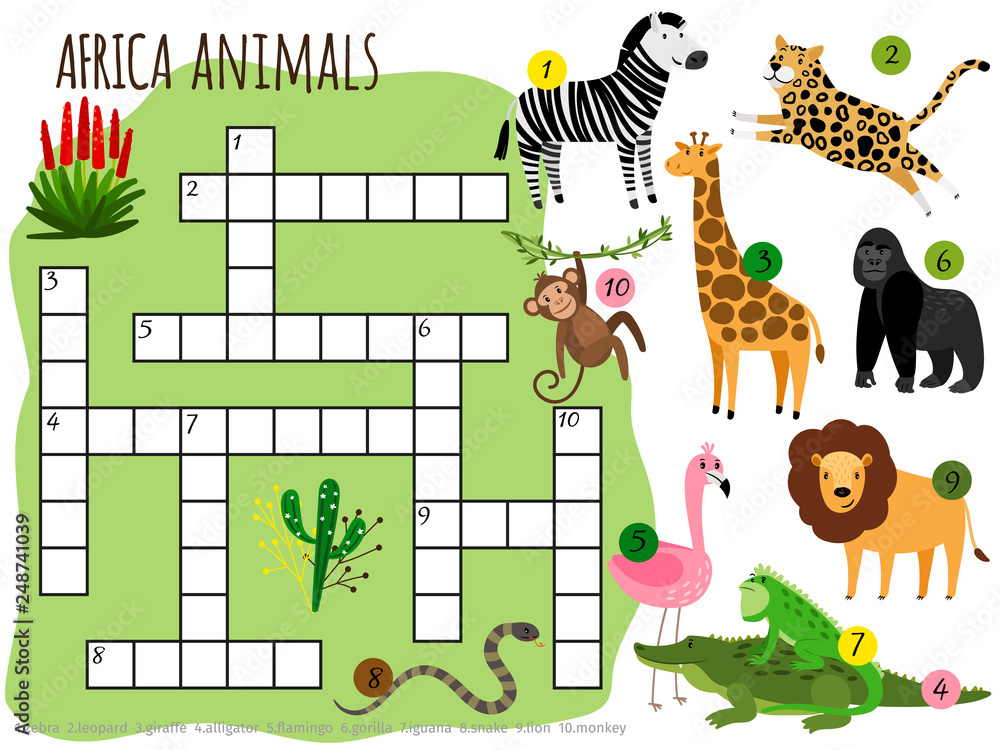 Exotic african animals vector crossword for children. Illustration of game  puzzle crossword with animal crocodile and snake Stock Vector | Adobe Stock