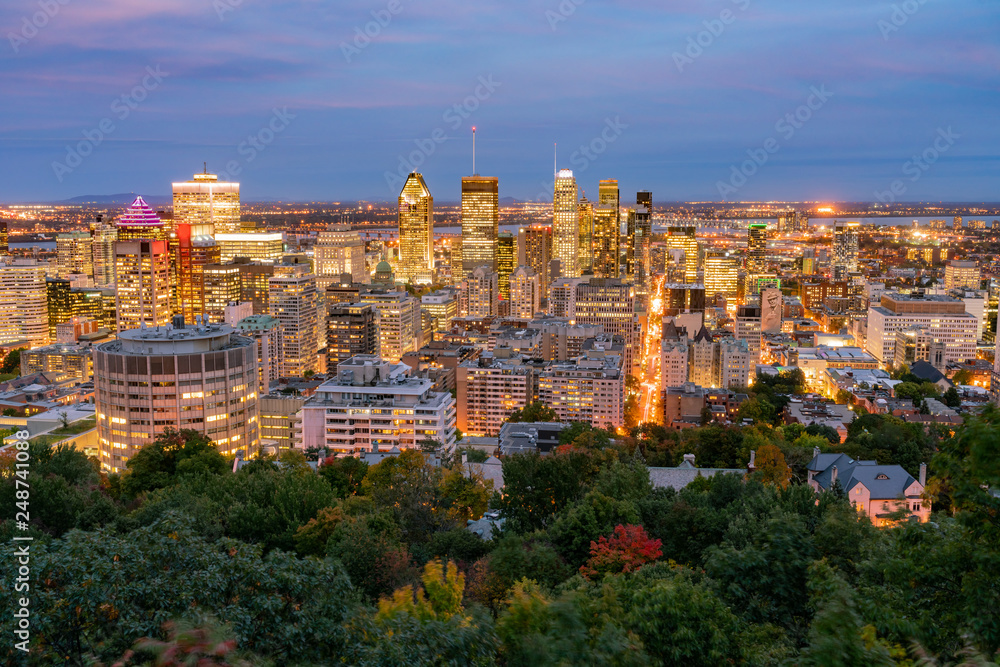 Aerial night view of Montreal downtown cityscape from Royal Mountain