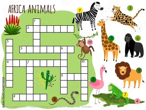 Exotic african animals vector crossword for children. Illustration of game puzzle crossword with animal crocodile and snake
