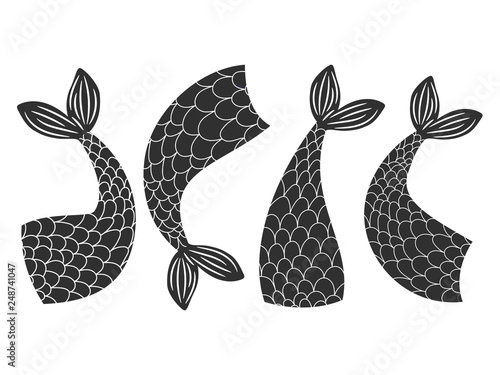 Black and white vector fishes, mermaids tails collection. Mermaid and fairytale fish, tail of animal illustration