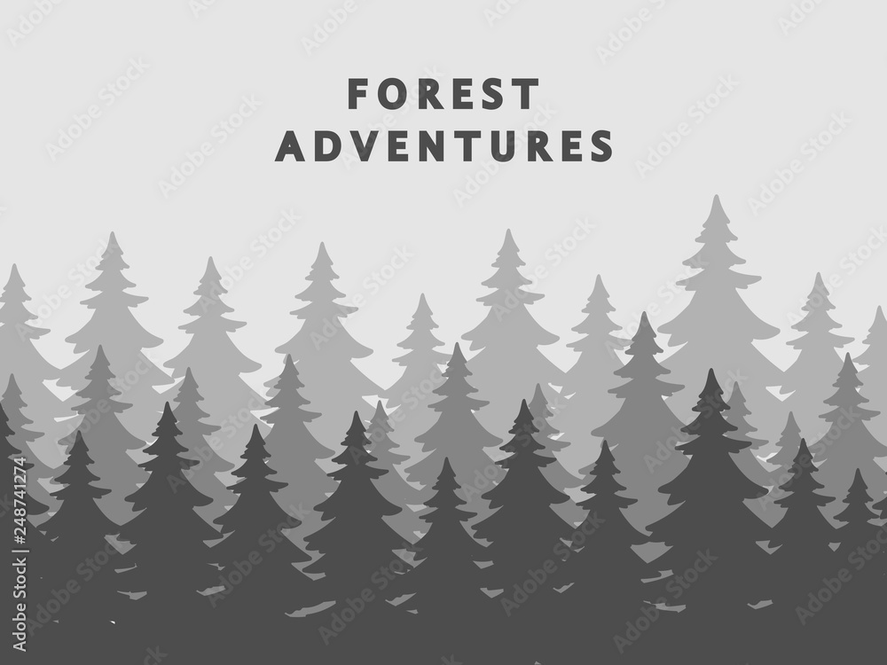 Obraz premium Fir forest silhouettes vector background in mist. Forest silhouette scene, natural wood, coniferous pine illustration