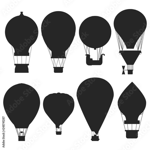 Vector hot air balloons silhouettes isolated on white background. Air balloon for adventure, transport flight illustration
